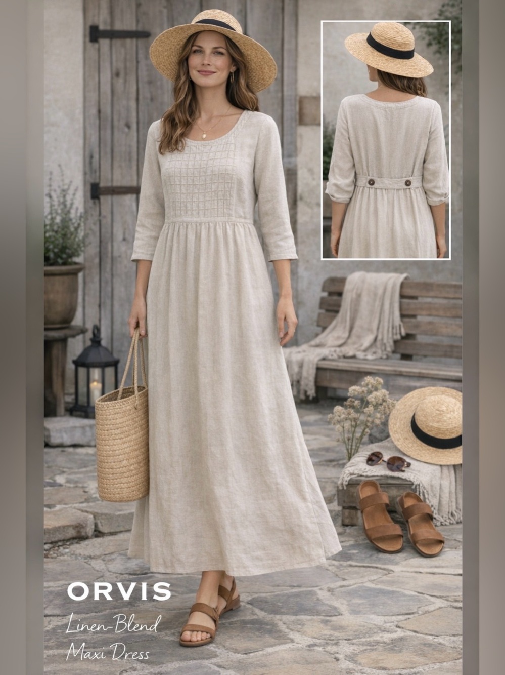 NWT Orvis Linen‑Blend Maxi Dress | Smocked Bodice | Long Sleeve | M